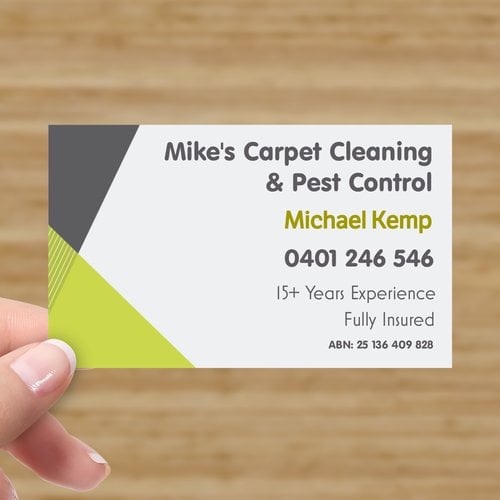 Mike’s business card: Mike’s Carpet Cleaning and Pest Control, Michael Kemp, 15+ years experience, fully insured