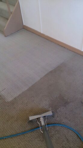 Grey carpet by a staircase, half cleaned with the wand on the floor